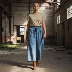 Womens Light Wash Wide Leg Denim Pants Elastic Waist Cotton Blue Size 16